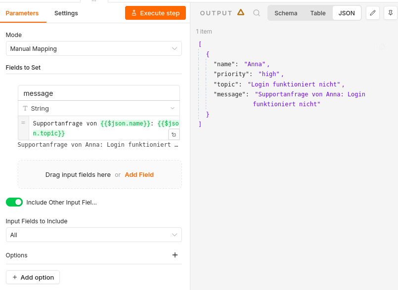 Include Other Input Fields übernimmt die bisherigen Felder in den Output